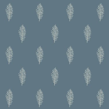 Beyaz eğrelti otu deseni. Mavi arkaplanda beyaz eğreltiotlarının kare vektör deseni.