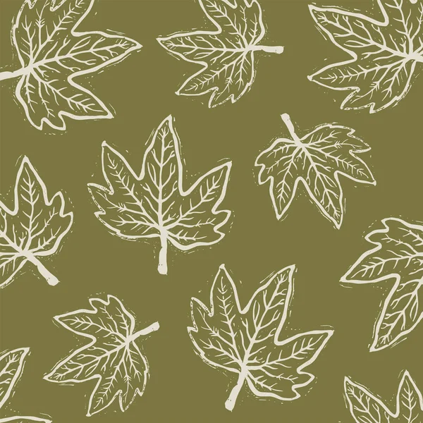 Maple Leaves Green Background Vector Pattern Maple Leaves Linocut — Stock Vector