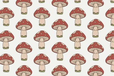 Kumaş, duvar kağıdı ve ambalaj kağıdı için hafif bir arkaplan üzerinde gülümseyen kırmızı mantarları (sinek agarik) içeren yinelenen bir yüzey deseni tasarımı.