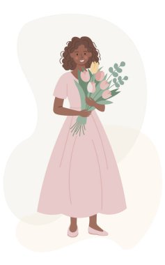 Uzun pembe bir elbise giymiş, elinde lale ve okaliptüs yapraklarından oluşan bir buket tutan bir kadının güzel düz vektör çizimi..