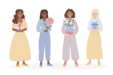 Çiçek buketleri, tek bir büyük şakayık ve paketlenmiş hediyeler tutan dört sıra farklı kıyafetli kadın..