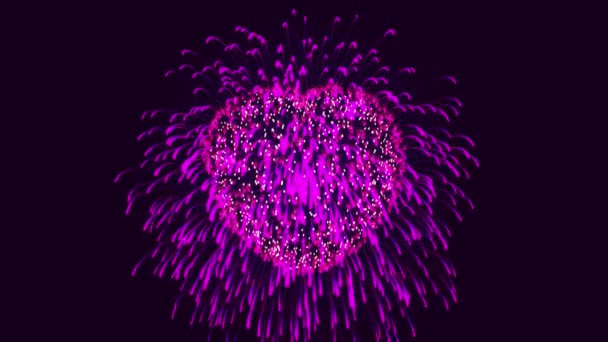 Збільшення святкового салюту, феєрверків у вигляді серця, яскравих вогнів. 3d ілюстрація. Щасливого дня Валентинів — стокове відео