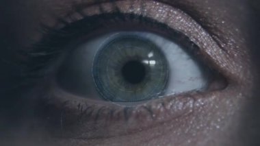 Close-up of womans eye opens anxiously with an infographic demonstration