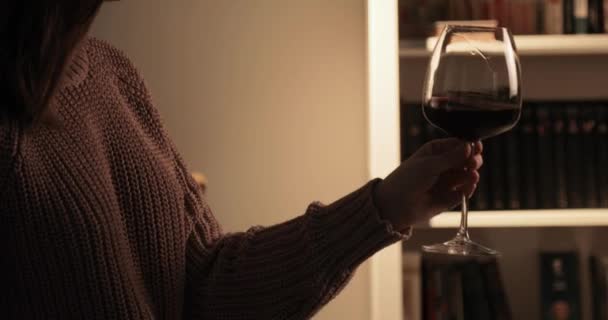 Žena drží velkou sklenici s červeným vínem v ruce, sedí v pokoji s tlumeným světlem. — Stock video