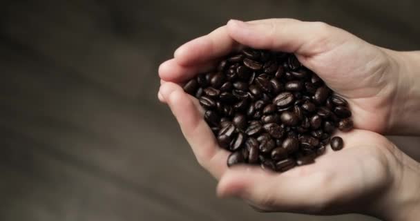 Жінка тримає смажені кавові зерна в руках, вид крупним планом . — стокове відео