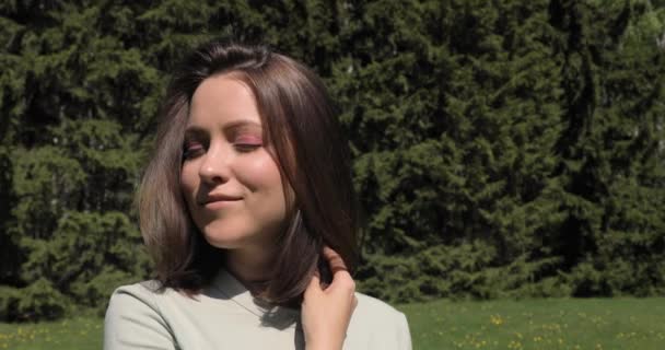 Portrait of Young Beautiful Woman with pink makeup Inhaling and Exhaling Fresh Air, Taking Deep Breath, Reducing Stress. — Stock Video