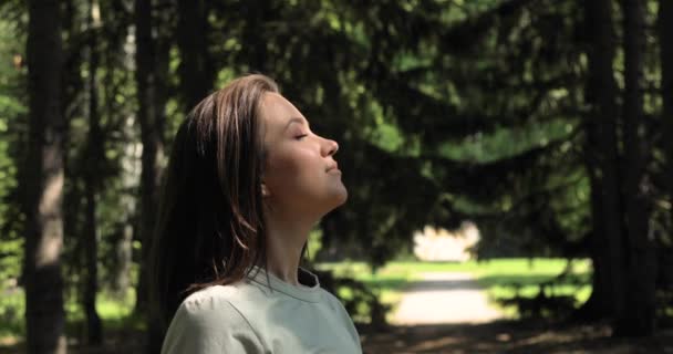 Retrato de una atractiva mujer sentada en el parque en un día soleado y sonriente. El rostro de una mujer hermosa y feliz — Vídeos de Stock