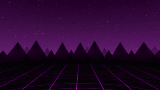 Video animation with cat face on grid is appearing under mountains on dark purple background. — Stock Video