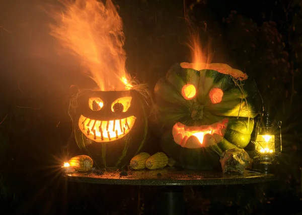 Terrible Símbolo Halloween Jack Linterna Terrible Cabeza Calabaza Las Llamas — Foto de Stock