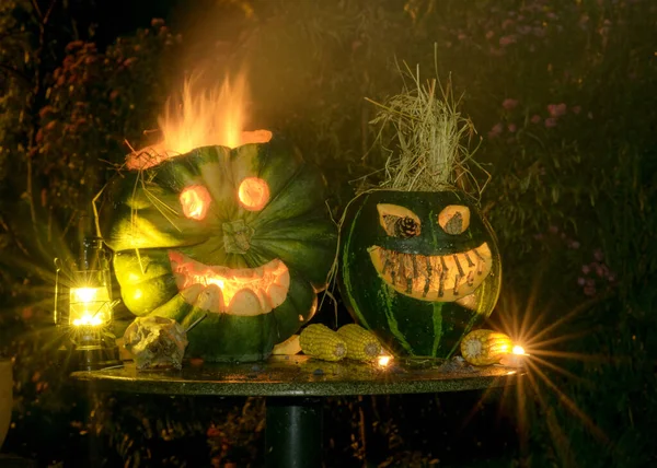 Hemsk Halloween Symbol Jack Lantern Fruktansvärt Pumpahuvud Helveteseldens Lågor Glödande — Stockfoto