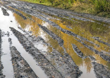 Çamurlu yollu sonbahar manzarası, yol kenarındaki renkli ağaçlar, yol birikintilerindeki yansımalar, Letonya 'da sonbahar.