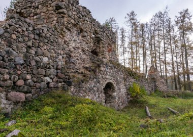 Şato harabeleri, sonbahar günü, Ergeme şatosu 1320 civarında inşa edildi, kale manastır tipi bir kaleydi, iki büyük kale, sonbaharda Ergeme şatosu harabeleri, Letonya