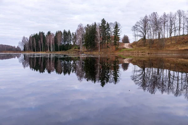 Banco Oposto Lago Outono Céu Nublado Final Outono Silhuetas Árvores — Fotografia de Stock