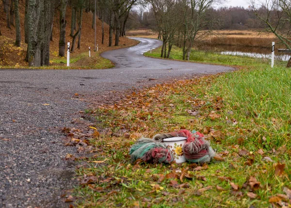 gloomy autumn landscape with wet road, metal cup wrapped in wool, large bare trees by the roadside, autumn landscape