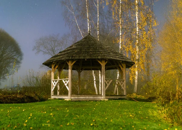 Paysage Mystique Fond Flou Arbres Colorés Dans Obscurité Terrasse Jardin — Photo