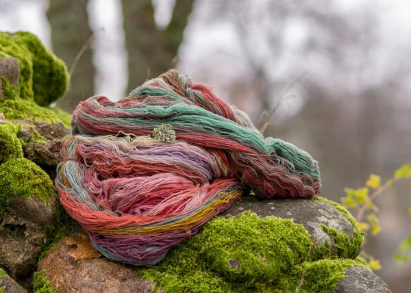 Colored Wool Yarn Skeins Fuzzy Background Handicraft Concept Hand Knitting — Stock Photo, Image