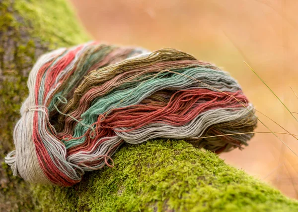 Stones Overgrown Green Moss Colored Wool Yarn Skeins Handicraft Concept — Stock Photo, Image