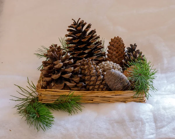 Diferentes Formas Tipos Cones Uma Cesta Vime Preparando Para Natal — Fotografia de Stock