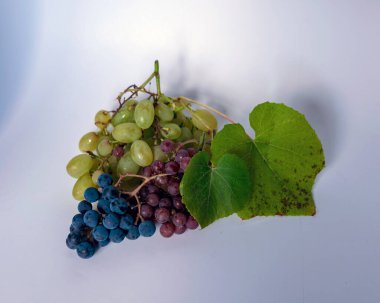 Masanın üzerinde farklı şekillerde üzümler ve renkler olan resim, üzüm tatma ve tatma konsepti