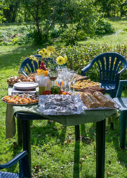 Quadro Com Uma Tabela Ajustada Para Festa Jardim Vários Pratos — Fotografia de Stock