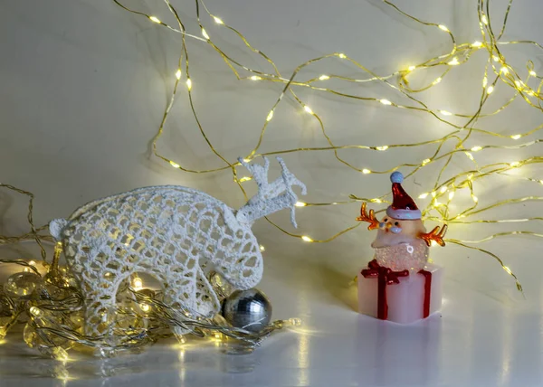 White Crocheted Deer Rudolph Santa Claus Various Christmas Decorations Illuminated — Stock Photo, Image