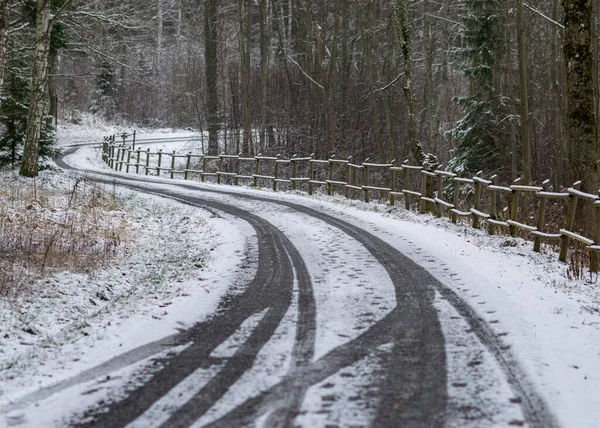 Karlı yollu kış manzarası, karla kaplı ahşap çitler, yol kenarındaki ağaçlar ve çalılar, kış günü