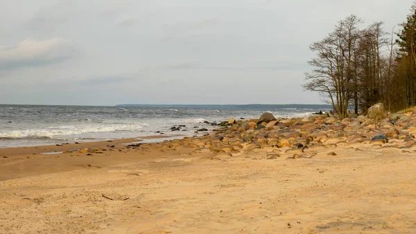 Ландшафт Морським Узбережжям Скелі Воді Піску Зима Грудень Відземе Скелясте — стокове фото