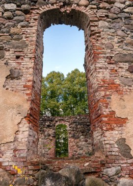 Eski kilise kalıntıları, çalılar ve çimlerle kaplanmış harabeler, sonbahar zamanı Ergeme Evanjelik Luteryan Kilisesi Letonya, Letonya 'daki en güzel kiliselerden biriydi.