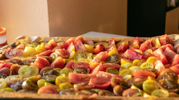 Bandeja Con Tomates Rodajas Diferentes Colores Formas Tiempo Cosecha Otoño —  Fotos de Stock