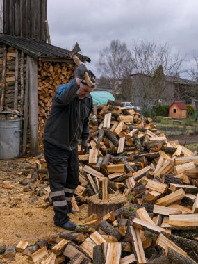 Ön planda kütüklerle odun kesen bir adamın resmi.