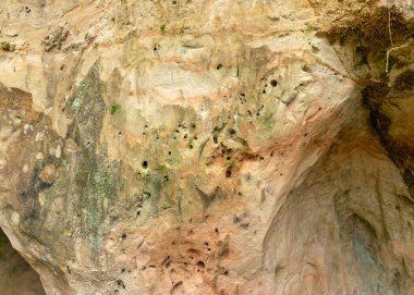 Kum taşı duvar ve mağaranın girişi, mağara Priedaine Mağarası, Cesu Bölgesi, Letonya 'da küçük bir nehrin kıyısında yer almaktadır.