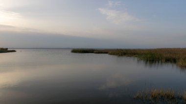 Gün batımından önce göl manzarası, bulutların arasından güneş ışınları, sakin su yüzeyi, göl çayırı önü, Burtnieki Gölü, Letonya