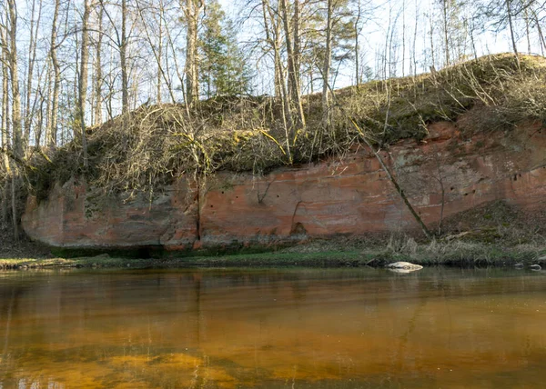 Краєвид Червоним Пісковиком Березі Річки Стрімкий Берег Березі Дикої Річки — стокове фото