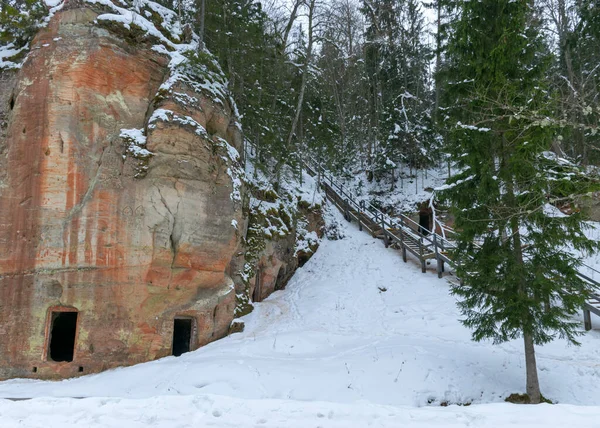 winter landscape with Anfabrikas rock Ligatne, artificial caves in the rock wall, all covered with snow, Ligatne, Latvia