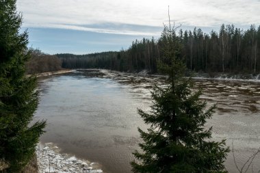 Baharın başlarında nehir manzarası, buz nehri, Cesis, Letonya yakınlarındaki Gauja nehri.