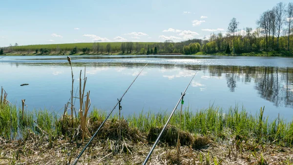 湖のある春の風景 湖の岸の釣り 木々や空の反射がある穏やかな水面 湖の岸の最初の緑 — ストック写真