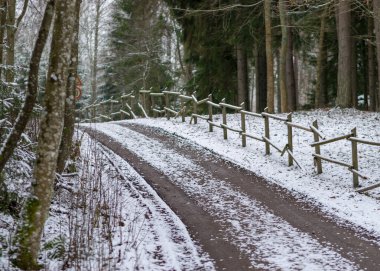 Karlı yollu kış manzarası, karla kaplı ahşap çitler, yol kenarındaki ağaçlar ve çalılar, kış günü