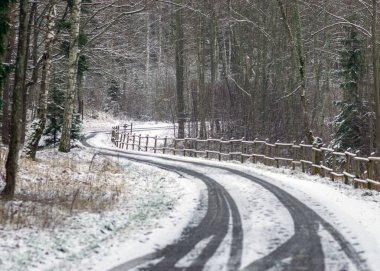 Karlı yollu kış manzarası, karla kaplı ahşap çitler, yol kenarındaki ağaçlar ve çalılar, kış günü