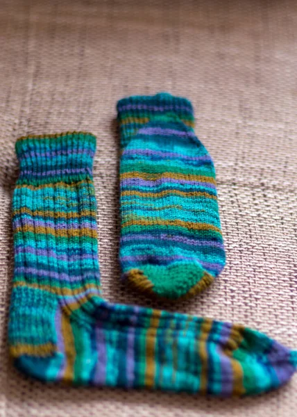 Ready Made Knitted Sock Green Striped Yarn Handicrafts Hobby Knitting — Stock Photo, Image