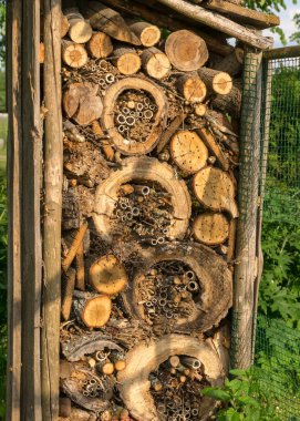 Değişik şekillerdeki, boyutlardaki ve yapılardaki böcekler için harika bir böcek evi. Doğal malzemeler, doğaya yardım, böcek oteli ya da böcek evi.