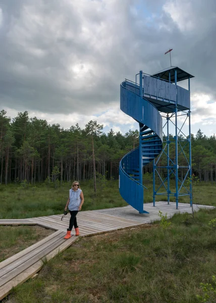 Bataklıktan güneşli manzara, bataklıktaki mavi izleyici kulesi, Estonya, tahta yaya köprüsündeki ön plan kadın, bataklık manzarası, Soma Milli Parkı