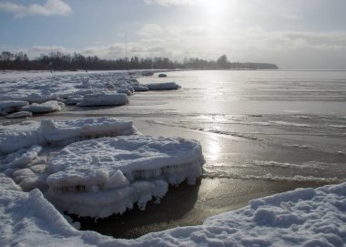Deniz kenarındaki kış manzarası, deniz kenarındaki karlı buz parçaları, parlayan beyaz kar tabakasıyla kaplı kumullar, kış.