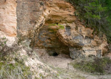 Bahar manzarası, kumtaşı desenli küçük bir nehir, kumtaşı deseni, eski çimenler, yosun ve diğer tipik bitkiler, Strikupe, Vaidava, Letonya