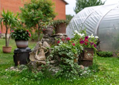 Yazın bahçe manzarası, çeşitli bitkiler ve çiçekler, hobi olarak bahçıvanlık konsepti, arka planda bahçe dekorasyonu.