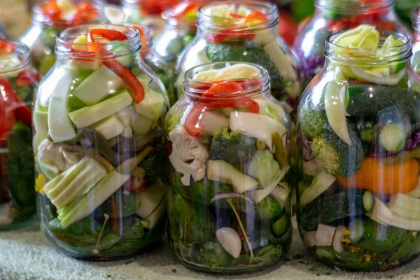 不同颜色 不同类型 不同蔬菜形状的玻璃瓶 为家庭罐头准备的蔬菜 秋天收获时间 — 图库照片