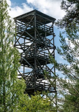 Rannametsa vaatetorn 'dan yaz manzarası, Parnu ilçesi, Estonya, ağaçların tepesinden deniz görülebilir.