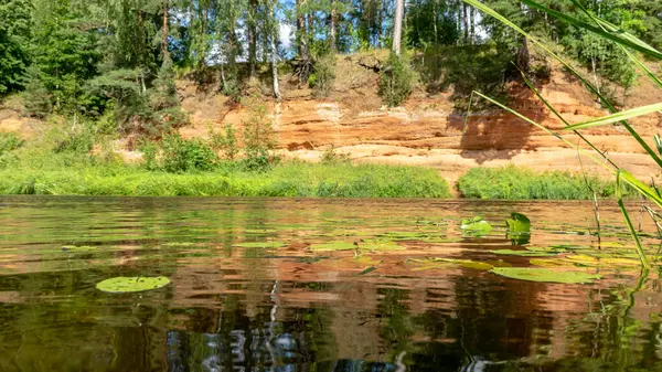 Πολύχρωμο Καλοκαιρινό Τοπίο Από Ποτάμι Κόκκινο Ψαμμίτη Βράχια Στην Ακτή — Φωτογραφία Αρχείου