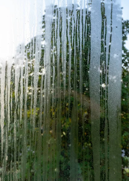 Abstract Photography Wet Sweaty Window Raindrop Texture Blurred Tree Outline — Stock Photo, Image