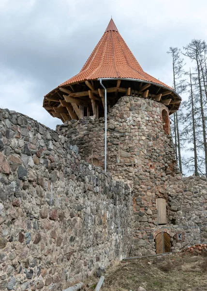 Wczesną Wiosną Krajobraz Widokiem Ruiny Zamku Nowy Jasny Pomarańczowy Dach — Zdjęcie stockowe