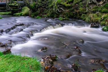 Suyun akıntıya, sonbahar manzarasına, Kasım ayında doğaya, Ieriku değirmenine, Melderupe 'ye, Letonya' ya dökülüşüne uzun süre maruz kalma görüntüsü